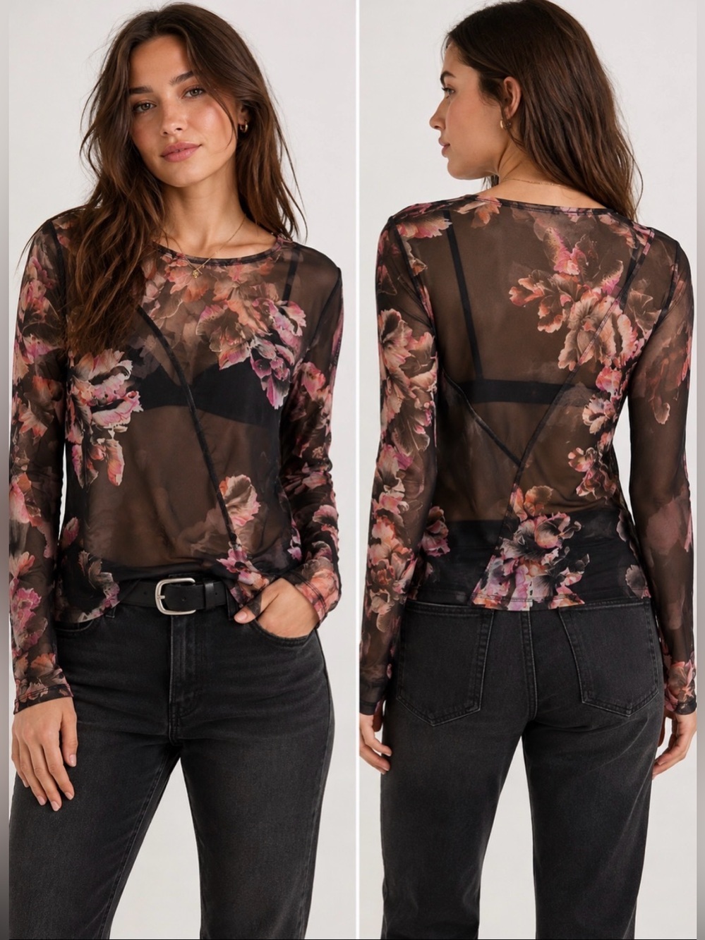 AllSaints‎ Black Sheer Floral Blouse with Pink Print Size Medium New